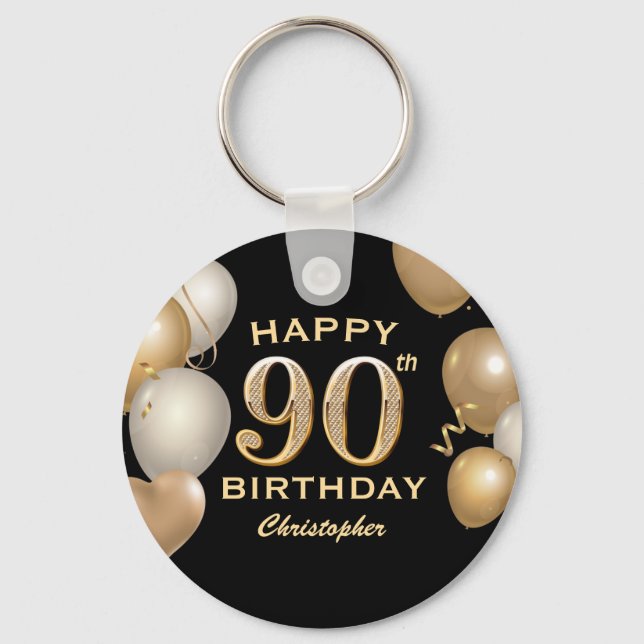 Porte-clés 90e fête d'anniversaire Ballons noirs et or (Recto)