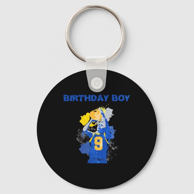Porte-clés 9 Anniversaire Garçon Bleu Et Jaune Basketbal (Recto)