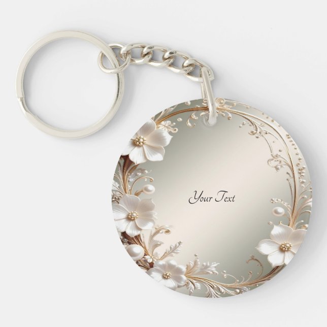 Porte-clés à cadre floral blanc orné (Devant)