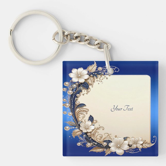 Porte-clés à embellissement floral bleu blanc (Devant)