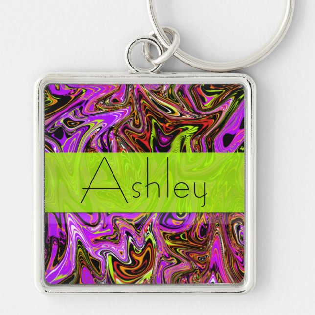 Porte-clés à tourbillons violet néon et vert avec  (Devant)