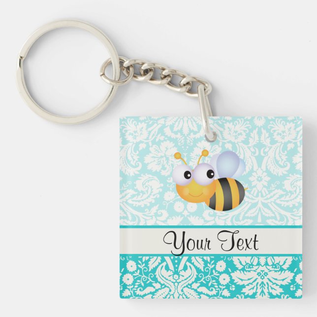 Porte-clés Abeille mignonne ; Motif turquoise de damassé (Devant)