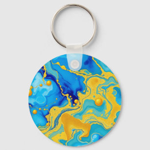 Porte-clés Abstrait à l'encre alcoolique bleue et or luxueux