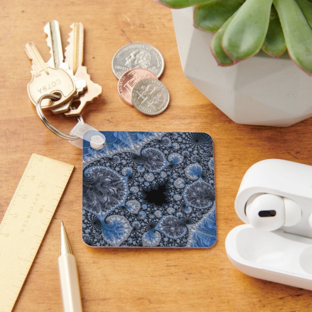 Porte-clés Abstrait bleu et noir complexe fractal (Bureau)