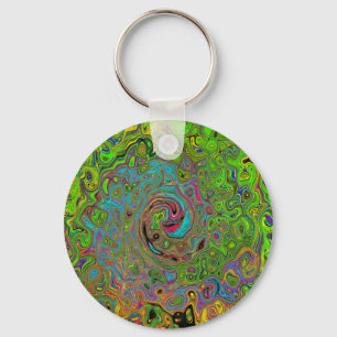 Porte-clés Abstrait Rétro Groovy Tourbillon Vert Citron et Bl