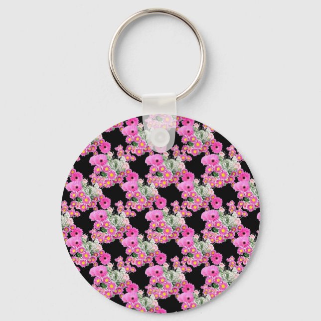 Porte-clés Accessoires tendance Pink à motif floral noir (Recto)