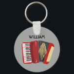 Porte-clés Accordéon personnalisé joueurs rouge et gris<br><div class="desc">Créez un petit cadeau amusant et personnalisé qui conviendra parfaitement aux joueurs d'accordéon et aux amateurs de polka. Il présente une illustration d'accordéon rouge dessinée à la main contre un arrière - plan gris portant un nom en lettres noires ci-dessus.</div>