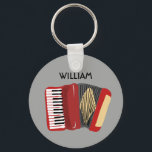 Porte-clés Accordéon personnalisé joueurs rouge et gris<br><div class="desc">Créez un petit cadeau amusant et personnalisé qui conviendra parfaitement aux joueurs d'accordéon et aux amateurs de polka. Il présente une illustration d'accordéon rouge dessinée à la main contre un arrière - plan gris portant un nom en lettres noires ci-dessus.</div>