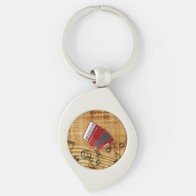 Porte-clés Accordéon rouge, notes noires, fond doré (Devant)