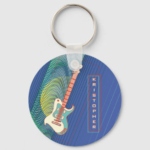 Porte-clés Add Name Cool Modern Teal & Blue Electric Guitar