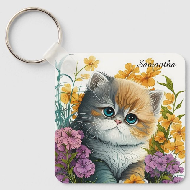 Porte-clés Adorable Aquarelle Exotique Chatte courte (Recto)