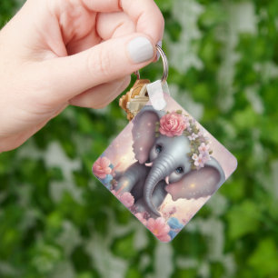 Porte-clés Adorable bébé éléphant avec fleurs