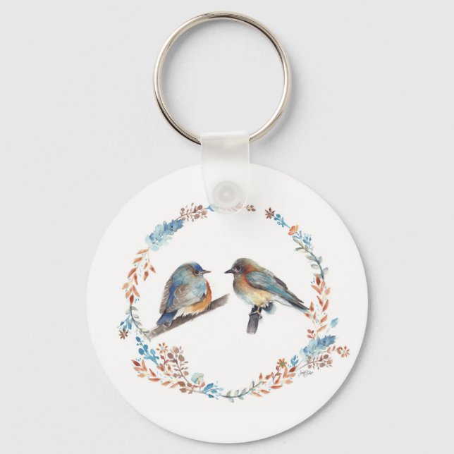 Porte-clés Adorable Blue Bird Couple Aquarelle Art (Recto)