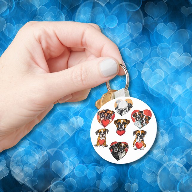 Porte-clés Adorable Chien de boxe avec Aquarelle du Coeur Rou (Adorable Boxer Dog with Red Heart Watercolor Keychain)