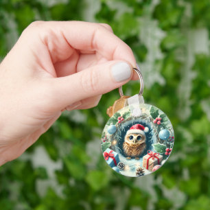 Porte-clés adorable Chouette de Noël avec chapeau de Père Noë