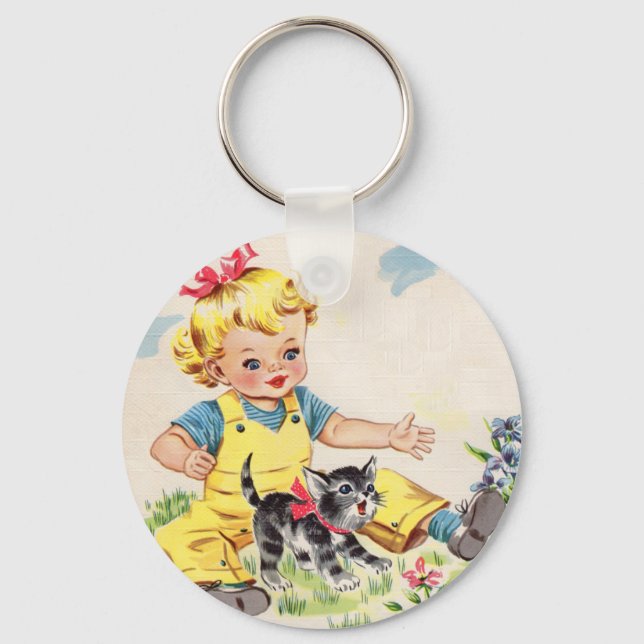Porte-clés adorable petite fille avec adorable petit chaton (Recto)