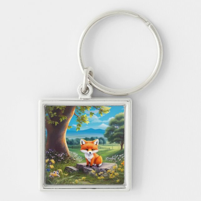 Porte-clés Adorable Renard assis sous l'arbre (Devant)