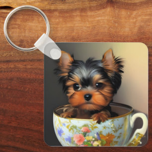 Porte-clés Adorable Yorkie Dans Un Tea