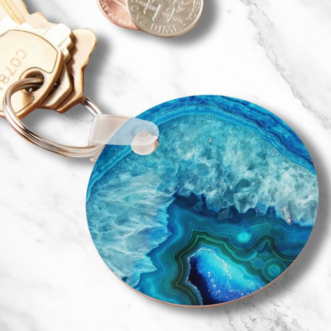 Porte-clés Agate moderne en marbre bleu (Cute Trendy Blue Turquoise Crystal Agate Geode Keychain)
