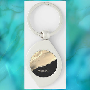Porte-clés Agate & Paillettes dorées, Nom doré sur fond noir