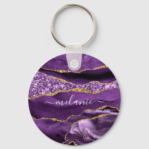 Porte-clés Agate Purple Gold Parties scintillant Nom personna