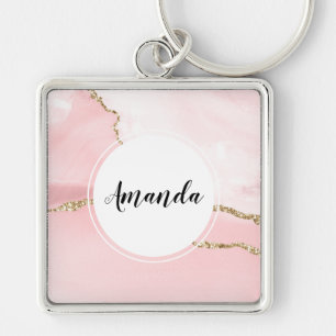 Porte-clés Agate rose vierge avec ruban or Élégant