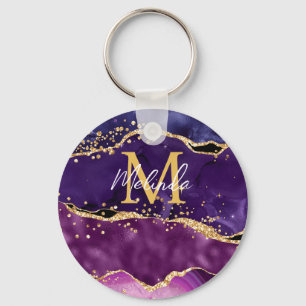 Porte-clés Agate Sequins Pailletés Or et Violet Foncé