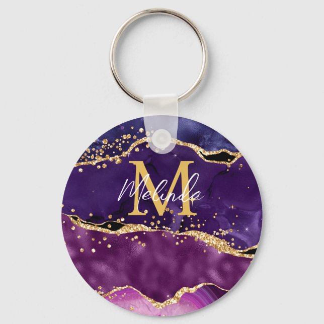 Porte-clés Agate Sequins Pailletés Or et Violet Foncé (Recto)