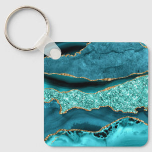 Porte-clés Agate Turquoise Blue Gold Parties scintillant Marb