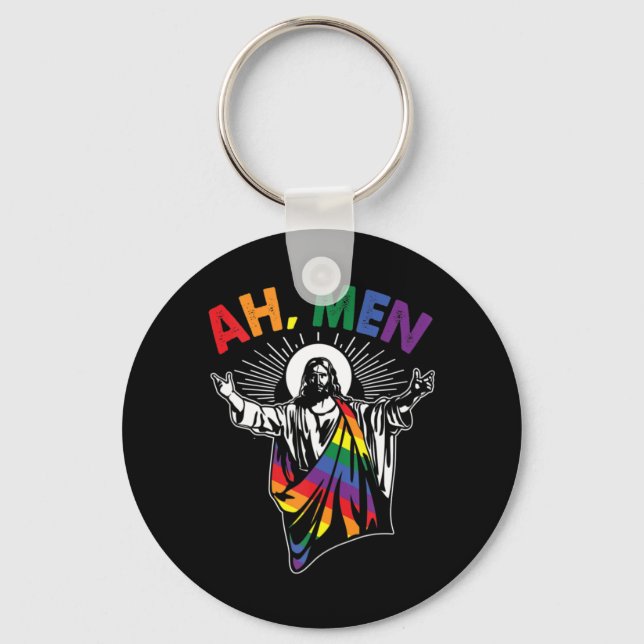 Porte-clés Ah Men Funny LGBT Gay pride Jesus Rainbow Flag Chr (Recto)