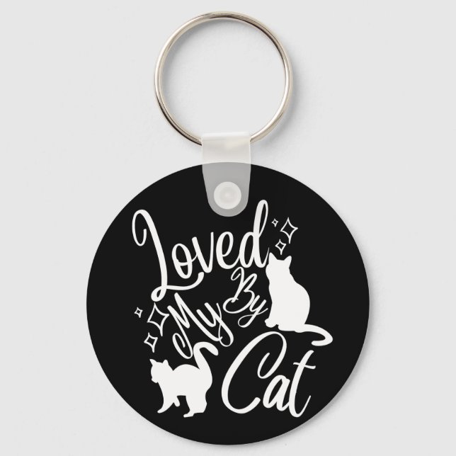 Porte-clés Aimé par mon chat en blanc  (Recto)