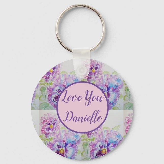 Porte-clés Aimer Vous Nommez Purple Pansy Aquarelle Clé Bague (Recto)