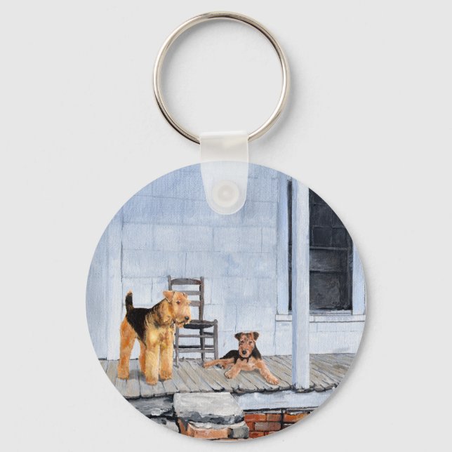 Porte-clés Airedale Terriers sur la véranda (Recto)