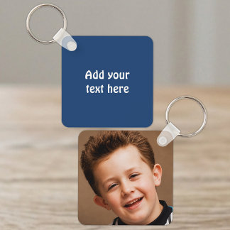 Porte-clés Ajouter un texte personnalisé 1 photo blanc bleu