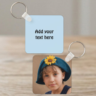 Porte-clés Ajouter un texte personnalisé 1 photo bleue