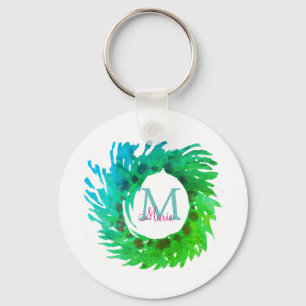 Porte-clés Ajouter une couronne de Noël vert rose monogramme