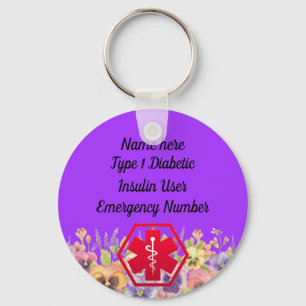 Porte-clés Alerte florale diabétique Type personnalisé 1 ou 2