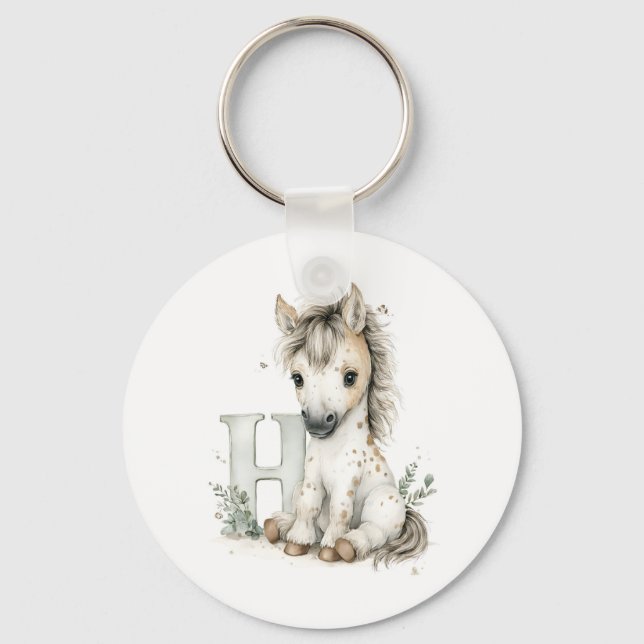 Porte-clés Alphabet Cheval Bébé Animaux Aquarelle Mignon (Recto)