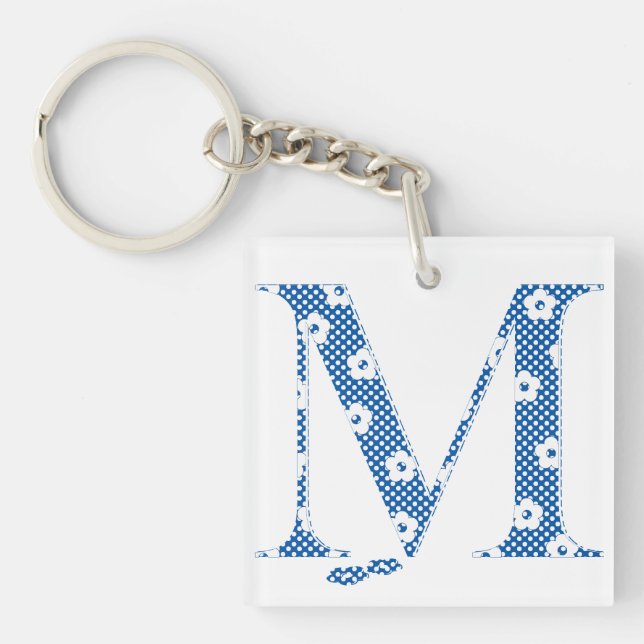 Porte-clés alphabet fleuri M (bleu et points) (Devant)