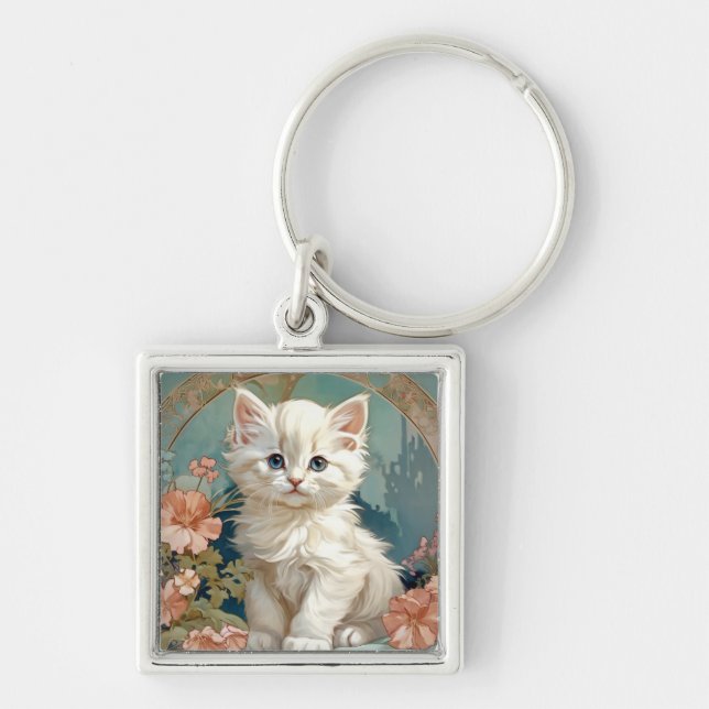 Porte-clés Alphonse Mucha Style Chat blanc (Devant)