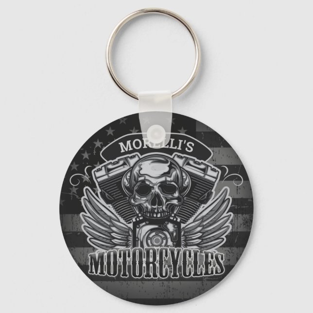 Porte-clés American Biker ADD NAME Skull V-Twin Motorcycles (Recto)