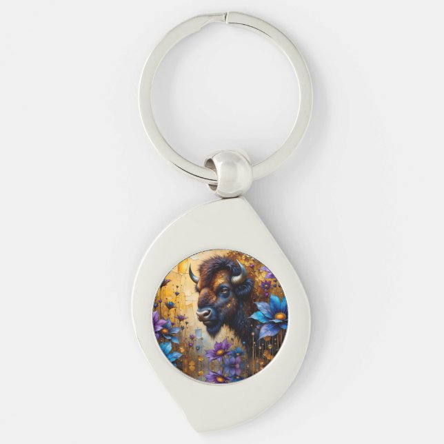 Porte-clés American Bison in textured Flower portrait (Devant)