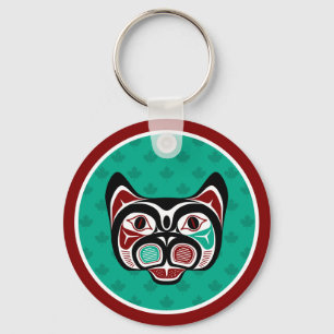 Porte-clés Amérindien Rouge Noir Vert Haïda Art Kitty
