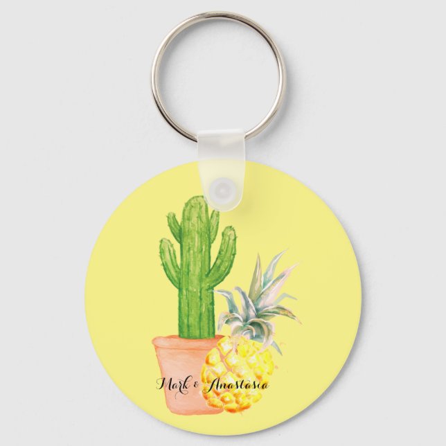 Porte-clés Amour moderne Ananas jaune et Cactus (Recto)