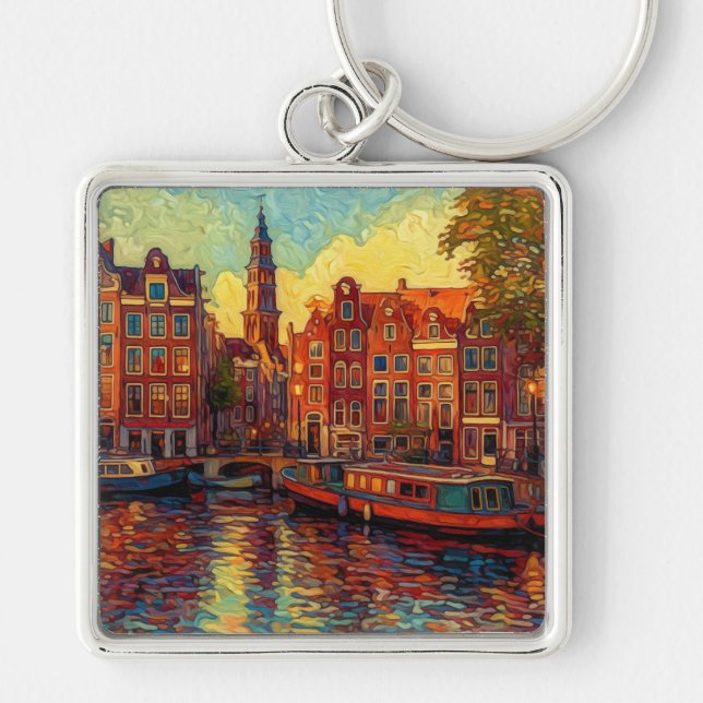 Porte-clés Amsterdam canal maisons de style van Gogh (Devant)