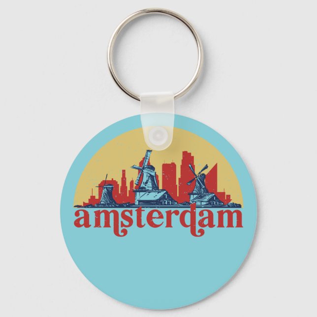 Porte-clés Amsterdam Netherlands Retro City Skyline Cityscape (Recto)