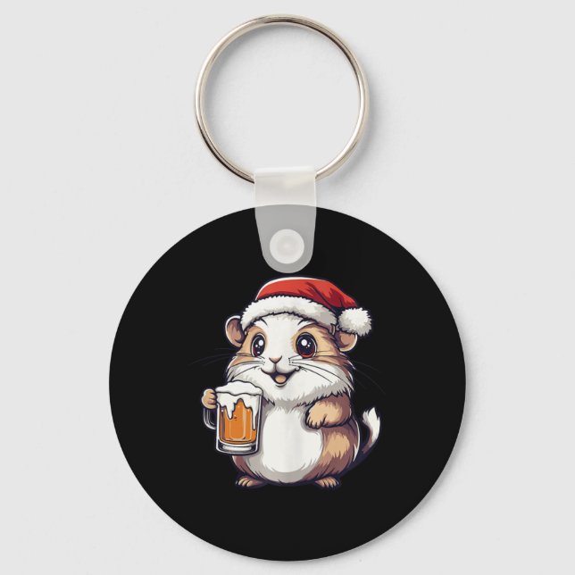 Porte-clés Amusant Hamster De Noël Avec Bière Comique (Recto)