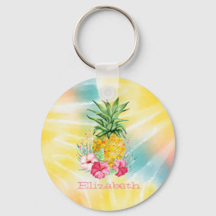 Porte-clés Ananas, Hibiscus Aquarelle Arc-en-Ciel Tie Dye 
