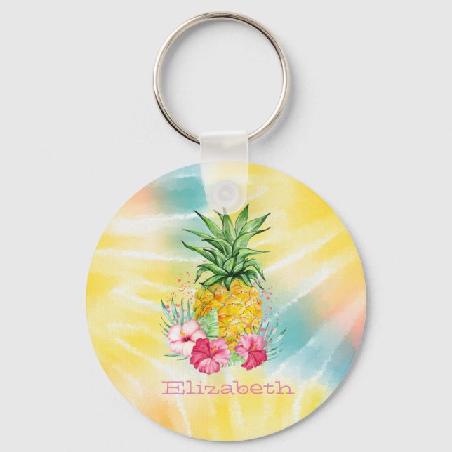 Porte-clés Ananas, Hibiscus Aquarelle Arc-en-ciel Tie Dye  (Recto)