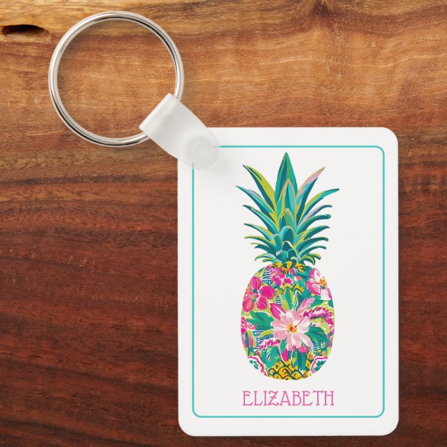 Porte-clés Ananas tropical rose et vert (Recto)